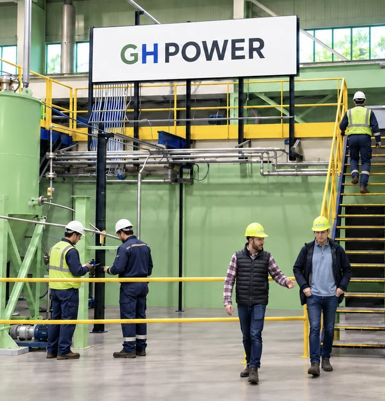 Workers at GH Power's Hamilton production facility beneath the GH Power sign