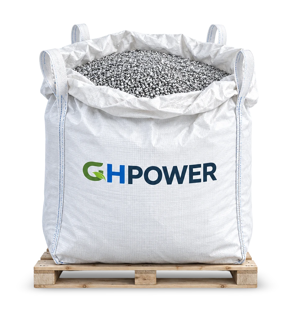 Bag of recycled aluminum feedstock bearing the GH Power logo
