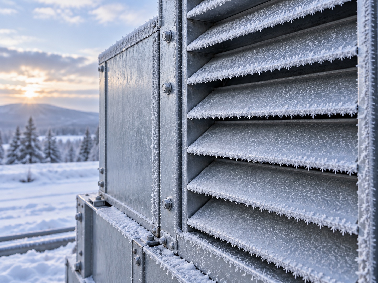 Illustrative close-up of frost on an unbranded industrial steel ventilation grille and enclosure