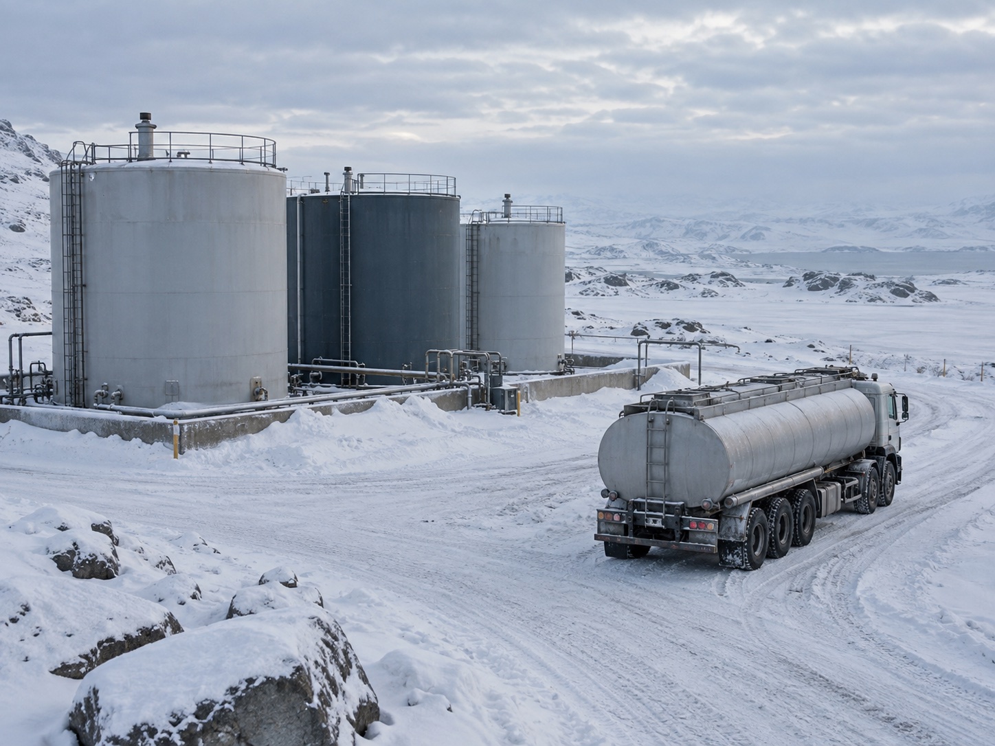 Illustrative fuel tanker beside bulk storage tanks at a snow-covered remote industrial site