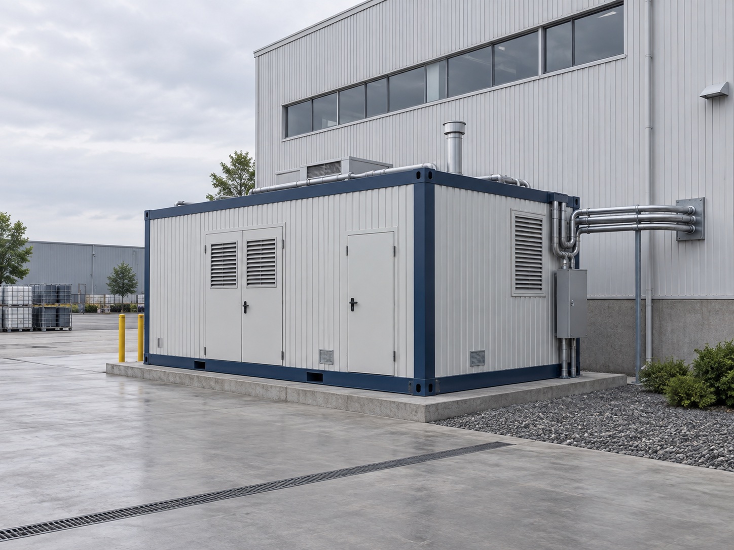 Architectural concept of a compact modular energy enclosure connected to an industrial building