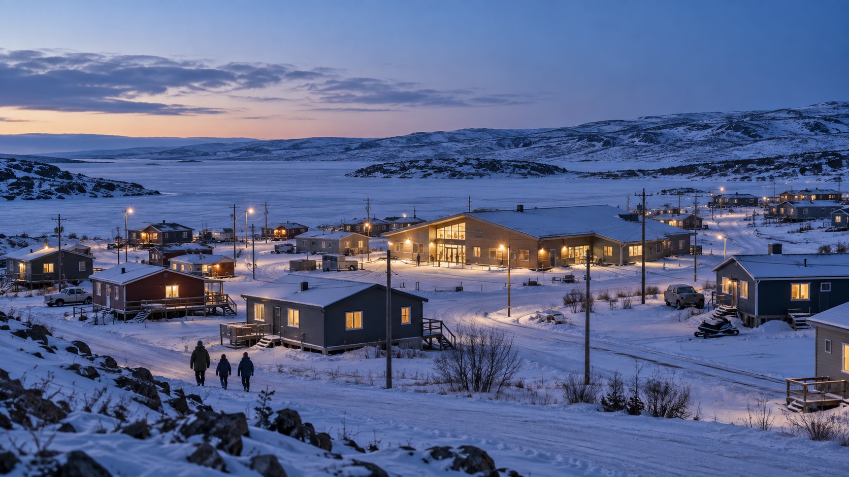 Illustrative winter view of a remote northern Canadian community with homes and a shared building lit at dusk