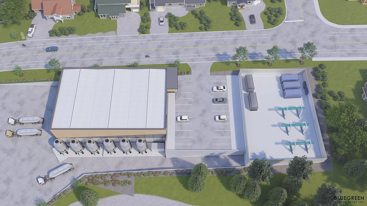 Architectural rendering of the GH Power hydrogen fuel building in Penticton from above