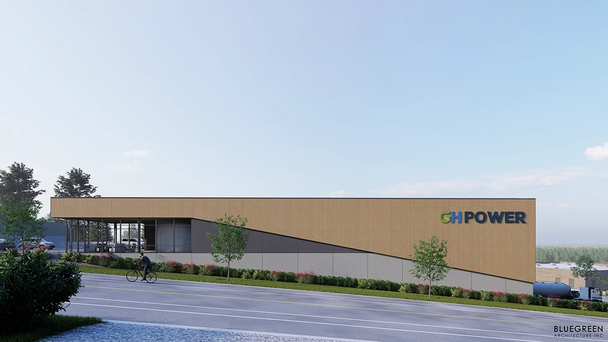 Architectural rendering of the GH Power hydrogen fuel building in Penticton from the front