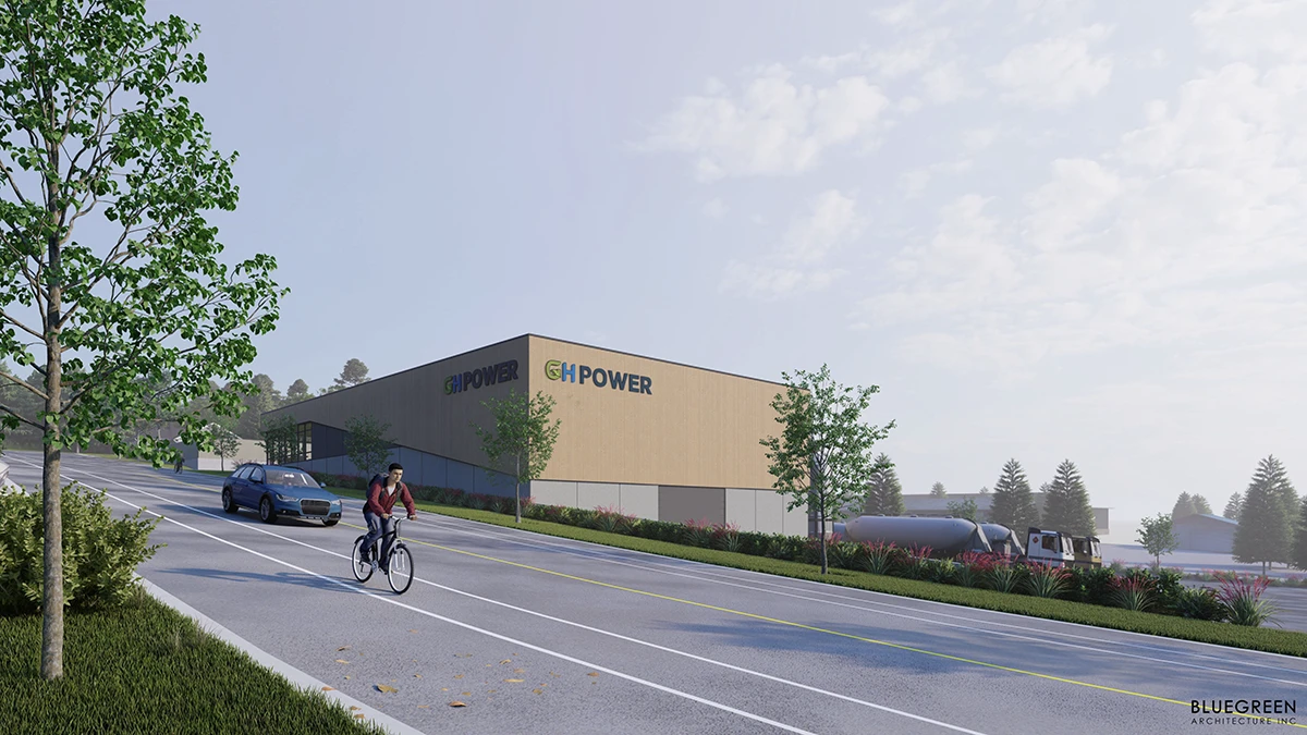 Architectural rendering of the GH Power hydrogen fuel building in Penticton from the road