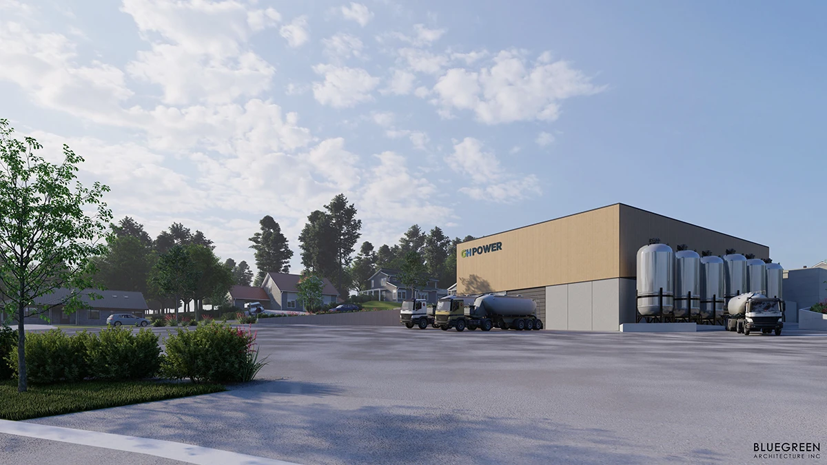 Architectural rendering of the GH Power hydrogen fuel building in Penticton from the yard