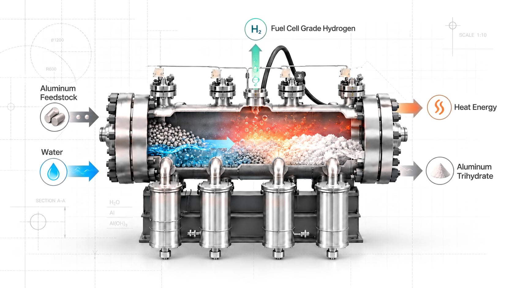 Diagram of the GH Power reactor converting aluminum and water into hydrogen, heat energy, and aluminum trihydrate