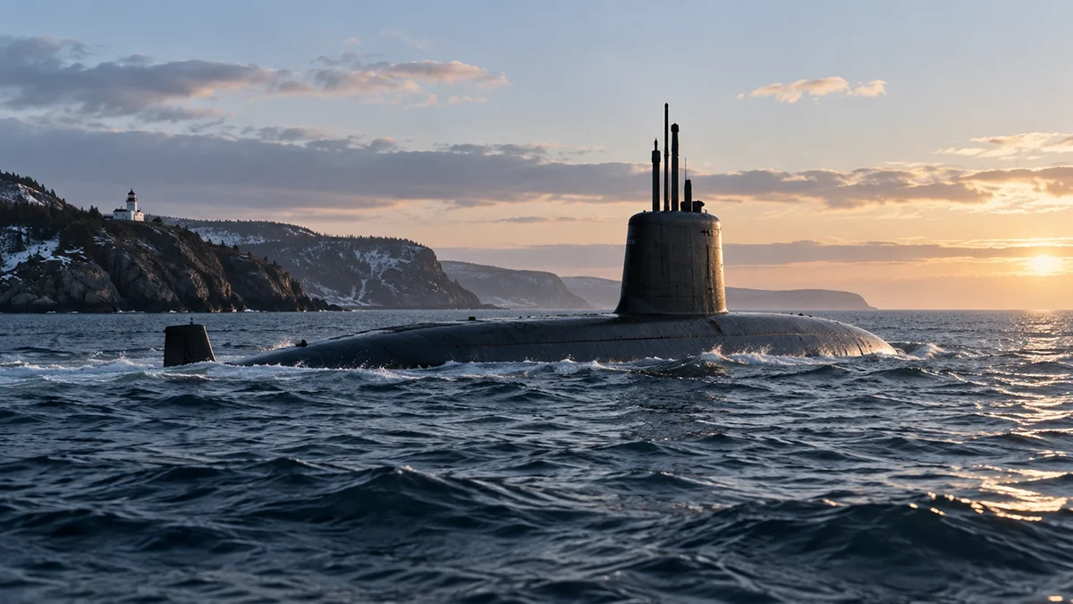 Illustrative submarine at sea near a rocky coastline